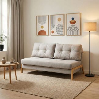 Καναπές 2θέσιος-κρεβάτι Fancy pakoworld ύφασμα σε μπεζ απόχρωση με φυσικό πόδι 150x92x77εκ