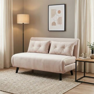 Καναπές-κρεβάτι Josuane pakoworld διθέσιος κρεμ βελούδο και ξύλινο πόδι σε μαύρη απόχρωση 122x80x81εκ