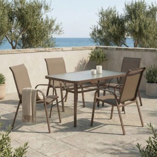 Τραπεζαρία Ensure-Calan pakoworld σετ 5τεμ μέταλλο-γυαλί καφέ 140x80x70εκ