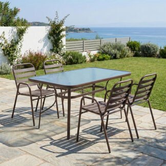 Τραπεζαρία Sussie-Ensure pakoworld 5τεμ μέταλλο-γυαλί σε καφέ απόχρωση 120x70x70εκ