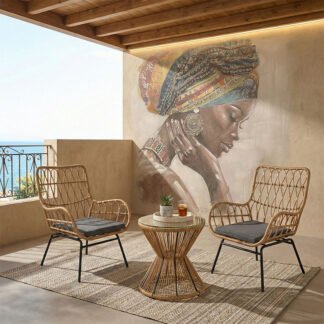 Σαλόνι Naoki-Mabil pakoworld σετ 3τεμ pe rattan σε φυσική απόχρωση με μαύρο μέταλλο