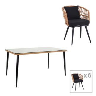 Τραπεζαρία Naoki σετ 7 τεμ pakoworld μέταλλο μαύρο-pe φυσικό-γυαλί 160x90x78εκ