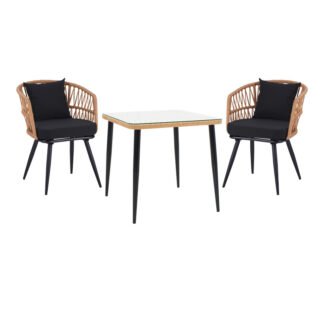 Τραπεζαρία Naoki σετ 3 τεμ pakoworld μέταλλο μαύρο-pe φυσικό-γυαλί 80x80x78εκ