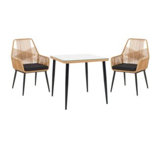 Τραπεζαρία Naoki-Tanish σετ 3 τεμ pakoworld μέταλλο μαύρο-pe φυσικό-γυαλί 80x80x78εκ