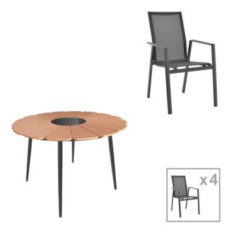 Τραπεζαρία Pinap-Dashiell σετ 5τεμ pakoworld μαύρο αλουμίνιο και plywood σε φυσική απόχρωση Φ110x74εκ