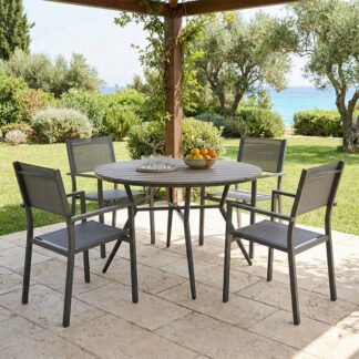 Τραπεζαρία Appa-Moly σετ 5τεμ pakoworld αλουμίνιο και plywood σε ανθρακί απόχρωση Φ120x74εκ