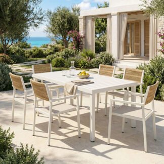 Τραπεζαρία Kliton - Savor σετ 7τεμ pakoworld αλουμίνιο σε λευκή απόχρωση 150x80x74εκ