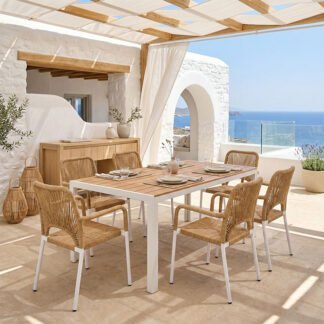 Τραπεζαρία Nares-Norture B σετ 7τεμ pakoworld λευκό αλουμίνιο και plywood σε φυσική απόχρωση 180x90x72.5εκ