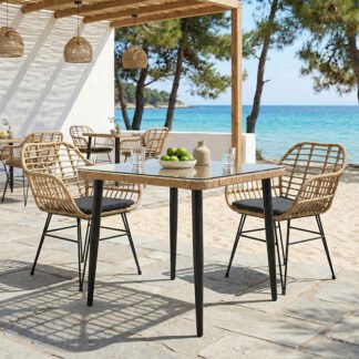 Τραπεζαρία Naoki V σετ 3τεμ pakoworld rattan pe σε φυσική απόχρωση και μαύρο μέταλλο 80x80x78εκ