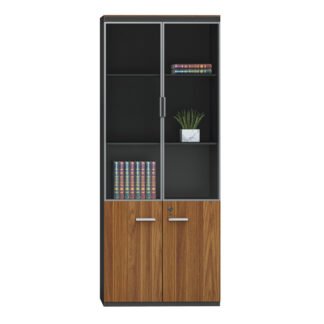 Ντουλάπα γραφείου επαγγελματική με γυάλινες πόρτες Oscar pakoworld καρυδί-ανθρακί 80x40x200εκ