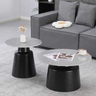 Τραπέζια σαλονιού Dualis pakoworld σετ 2 τεμ μαυρο μέταλλο-sintered stone σε γκρι μαρμάρου