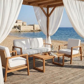 Σαλόνι Doumain pakoworld σετ 4 τεμαχίων φυσικό teak ξύλο-λευκό μαξιλάρι-φυσικό ραττάν