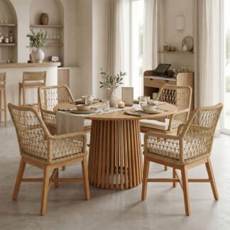 Τραπεζαρία Elaiza-Kenda I pakoworld σετ 5τεμ teak ξύλο σε φυσική-μπεζ απόχρωση Φ120x75εκ