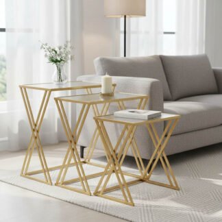 Τραπέζια σαλονιού σετ 3τεμ Pitche Inart χρυσό μέταλλο-γυαλί