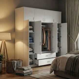 Ντουλάπα τετράφυλλη Royal pakoworld με συρτάρια και πατάρι λευκό 200x58x230εκ