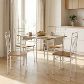 Τραπεζαρία Reforia pakoworld σετ 5τμχ mdf σε φυσική απόχρωση με λευκά μεταλλικά πόδια 110x60x74εκ