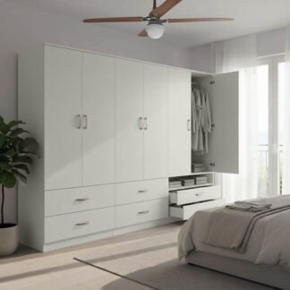 Ντουλάπα εξάφυλλη με συρτάρια Athos pakoworld λευκή 240x42x180εκ