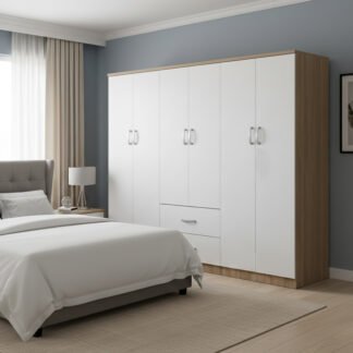 Ντουλάπα εξάφυλλη Athos Ι pakoworld sonoma-λευκό 200.5x42x180εκ