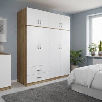 Ντουλάπα τετράφυλλη με πατάρι Athos pakoworld sonoma-λευκή 160x42x240εκ