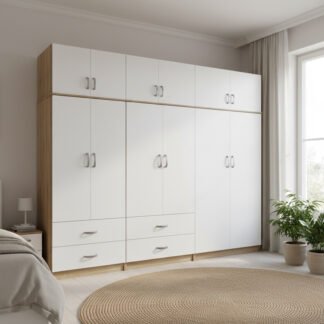 Ντουλάπα εξάφυλλη με πατάρι Athos pakoworld sonoma-λευκή 240x42x240εκ