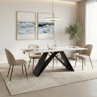 Τραπέζι Mapele pakoworld sintered stone λευκή όψη μαρμάρου με μαύρα μεταλλικά πόδια 180x90x75εκ