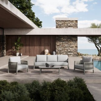 Σαλόνι εξωτερικού χώρου Feralda pakoworld μπεζ αλουμίνιο-rope με ύφασμα σε απόχρωση ανοιχτό γκρι