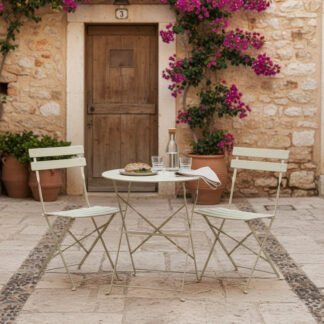 Τραπεζαρία Bistro pakoworld σετ 3τεμ μεταλλική αναδιπλούμενη σε μπεζ απόχρωση Φ60x71εκ