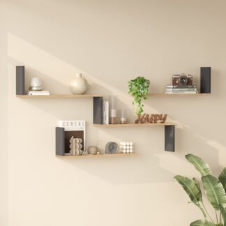Ραφιέρα τοίχου Flear pakoworld oak με ανθρακί 179x14,5x76,2εκ