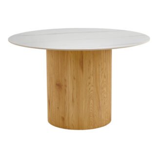 Τραπέζι Sikulu pakoworld oak MDF με κεραμική επιφάνεια σε λευκό μαρμάρου Φ125x77εκ