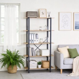 Βιβλιοθήκη Nebranzo pakoworld oak με μαύρο μέταλλο 80x34x155.3εκ