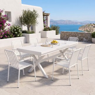 Τραπεζαρία Dagyn Vista pakoworld σετ 7τεμ λευκό αλουμίνιο 180-240x90x76εκ
